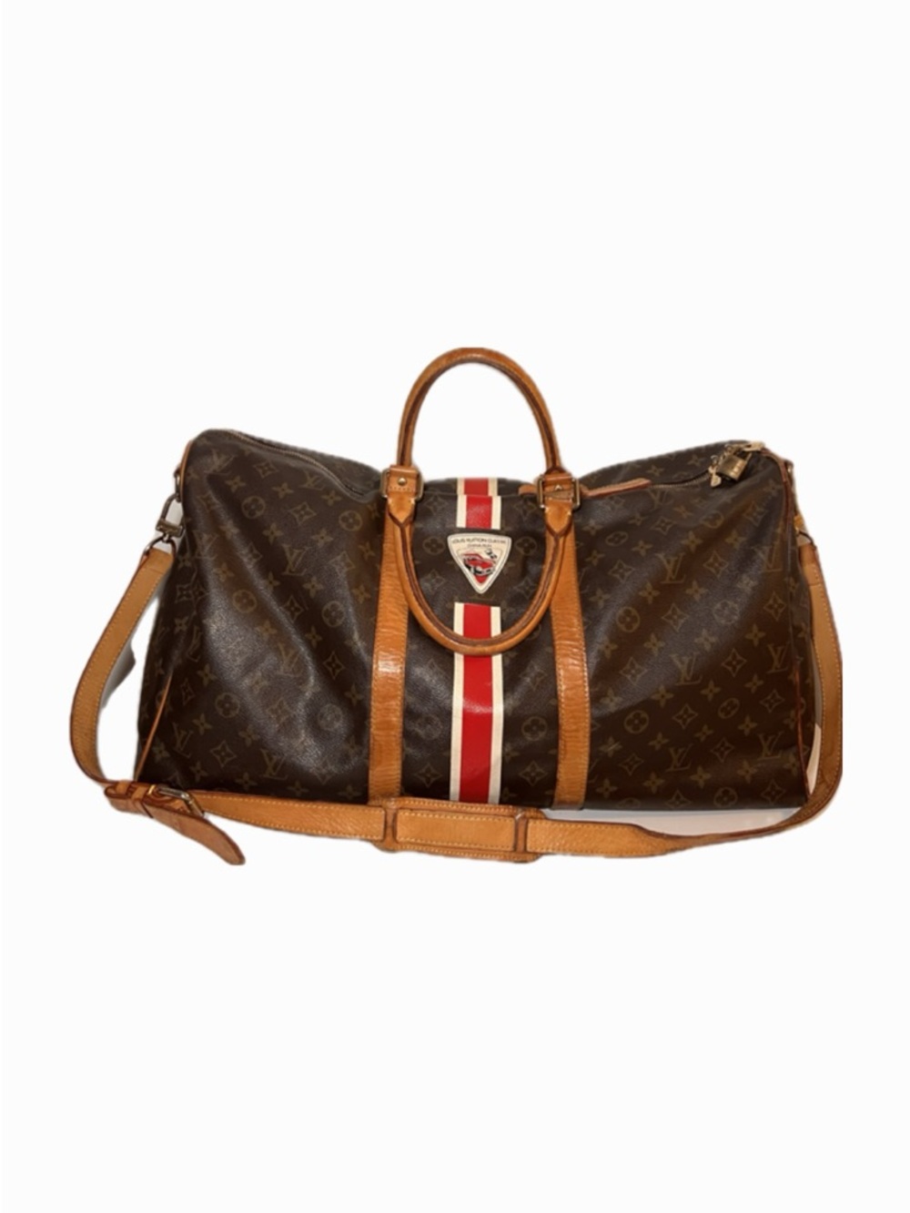 Louis Vuitton Brown Monogram Duffel with Red and White Stripe